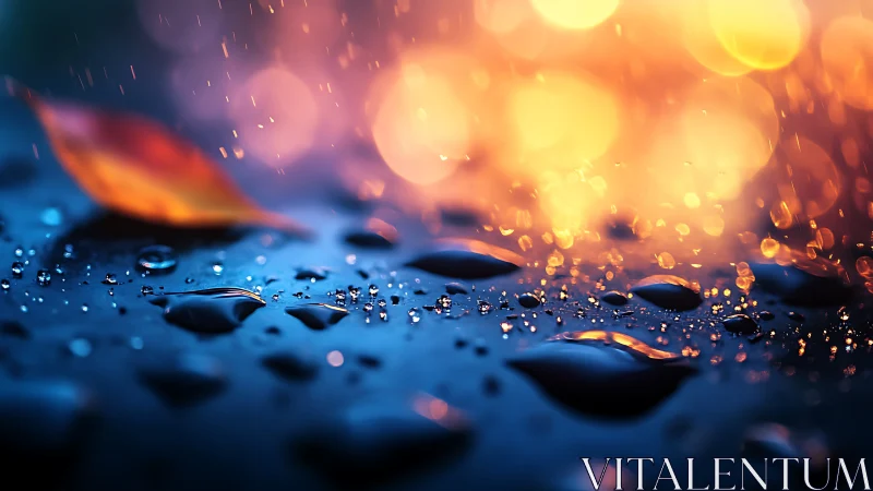 Wet reflective surface with water droplets under warm backlight