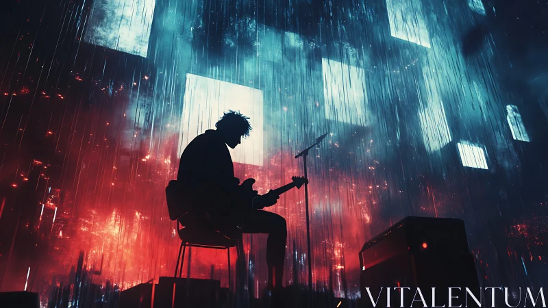 Lone guitarist bathed in neon stormlight on dreamy stage.