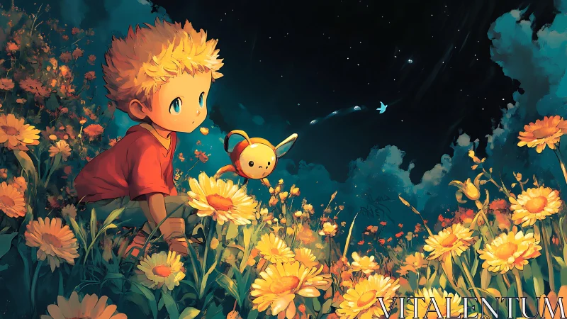 Starry night sky frames child exploring glowing flower field.