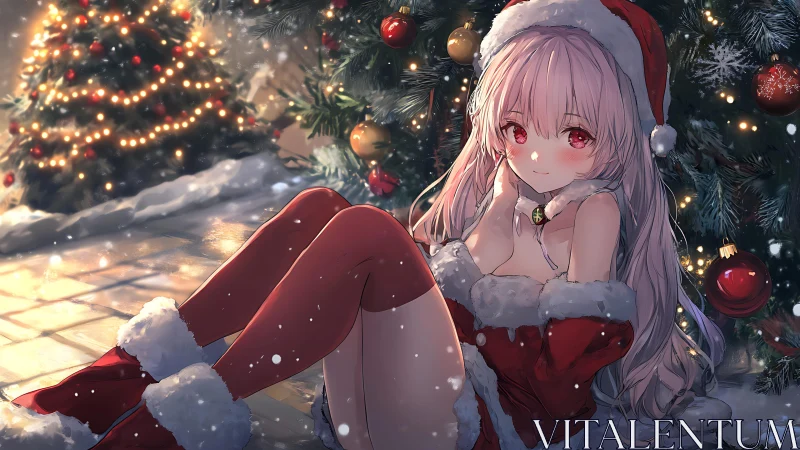 Pink haired anime girl in Christmas outfit by tree.