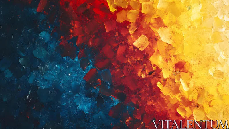Vivid abstract painting of blue, red, and yellow in textured strokes.