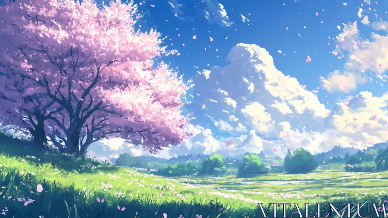 Cherry blossoms over sunlit meadow under wide blue sky.