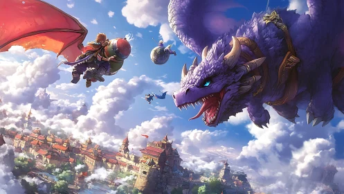 Skyborne dragon duel above sunlit cloudcastle cityscape.