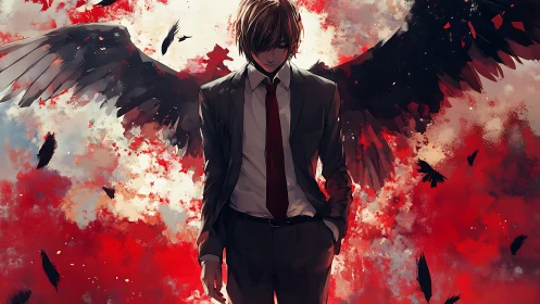 Dark-winged businessman amid crimson storm of feathers.