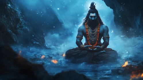 Divine blue yogi meditates in glowing icy cavern fire.