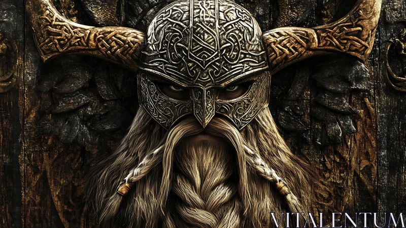 Horned helmeted warrior portrait with braided beard.