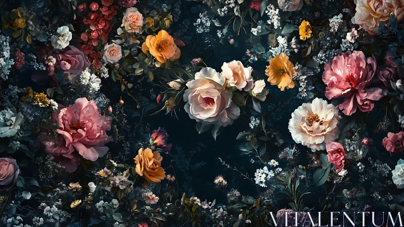 Dense floral arrangement with roses, peonies, and baby's breath on dark background