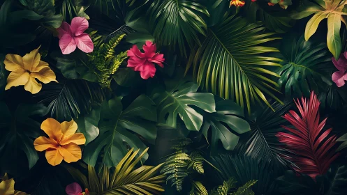 Chromatic tropical foliage array with hyperreal floral surfaces.