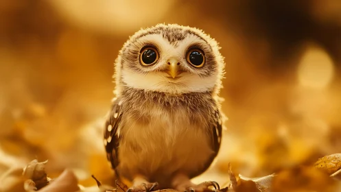 Adorable baby owl in soft autumn light, whimsical style.