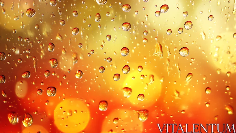Rain droplets glow against golden orange bokeh light field.