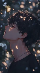 Side profile of stylized youth under dappled evening light