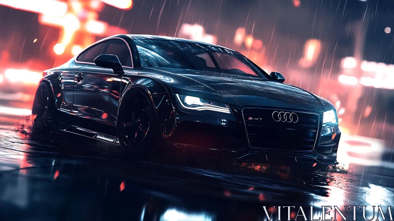 Rain-soaked performance coupe rendered with cinematic neon bokeh