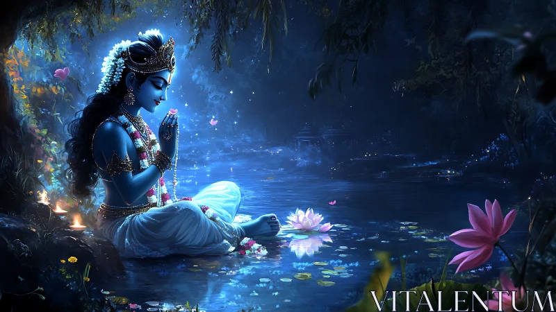 Moonlit blue deity rests in prayer beside a glowing lotus pond