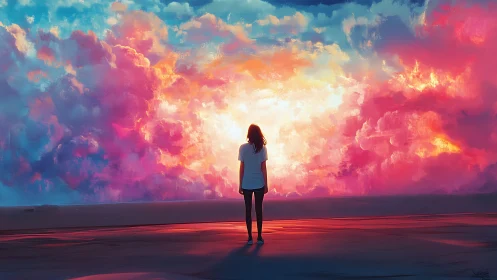 Solitary figure observes hyper-saturated auroral cloud horizon