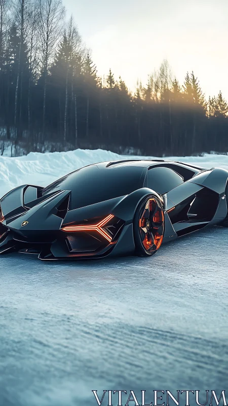 Midnight cyber-lambo prowls frosted forest racetrack dream.