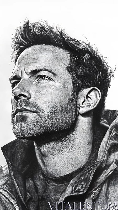 Intense male portrait rendered in detailed pencil etching.