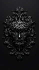 Baroque foliage mask in monochrome low-relief digital sculpture.