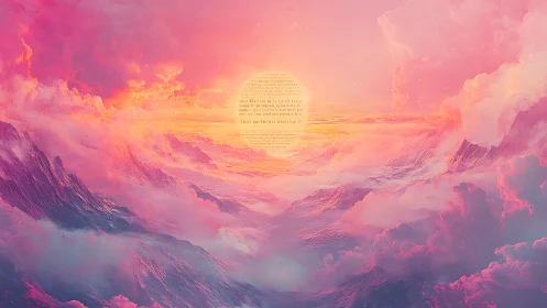 Radiant nebula sunrise over pastel cloud mountainscape.