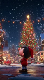 Snowy village Christmas tree with child in wonderment.