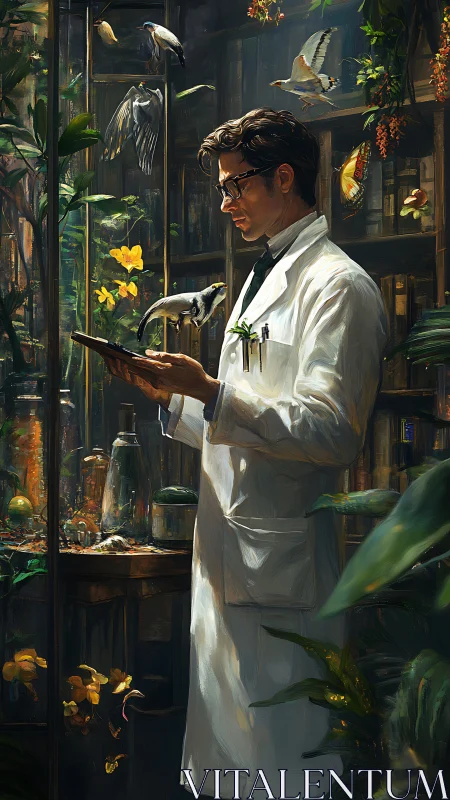 Bookish ornithologist conjuring birds in a living library.