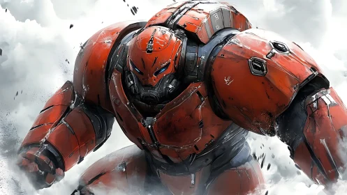Armored red mech charges forward through swirling storm clouds