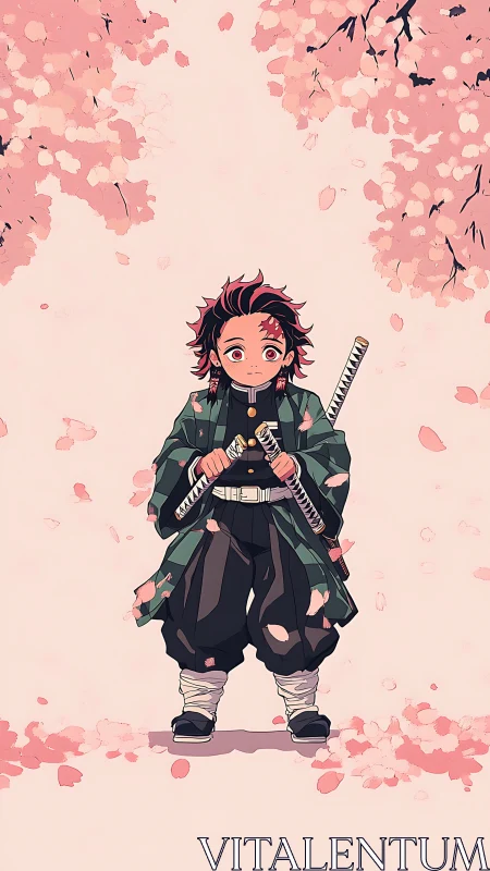 Child swordsman stands under symmetrical cherry blossoms