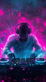 Neon storm DJ mixing under vivid cyberpunk lights.