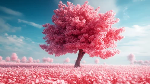Solitary pink tree in stylized meadow under blue sky.