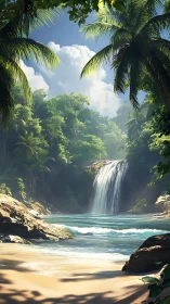Tropical beach cove with lush waterfall and bright sky.