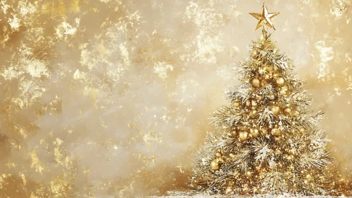 Gold Christmas tree glows against textured metallic wall