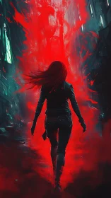 Lone woman strides through a blazing red urban vortex