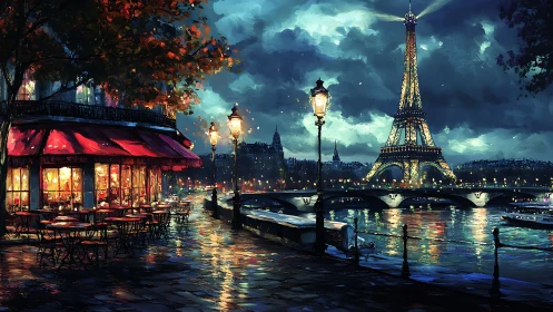 Glimmering Parisian riverfront glows with cozy café warmth