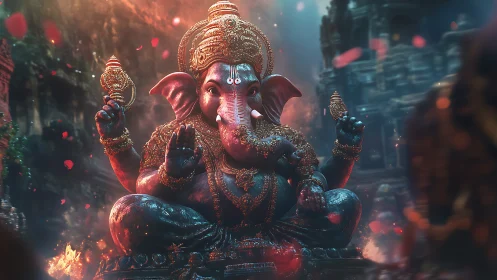 Luminescent Ganesh sculpture amid volumetric ember field.