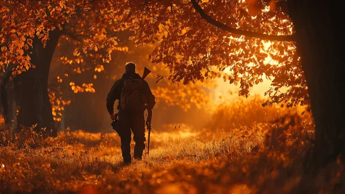 Backlit autumn hunter beneath radiant woodland canopy.