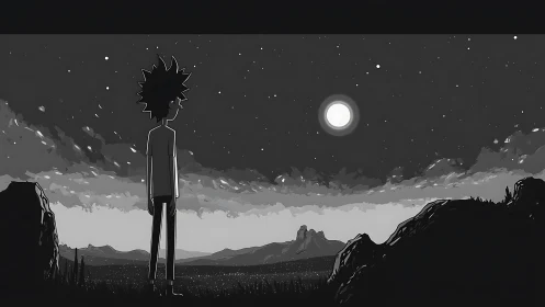 Monochrome cartoon figure observes a bright moonlit sky