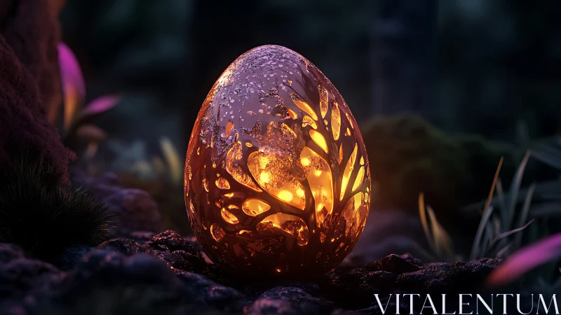 Glowing forest egg cradling a secret light in twilight.