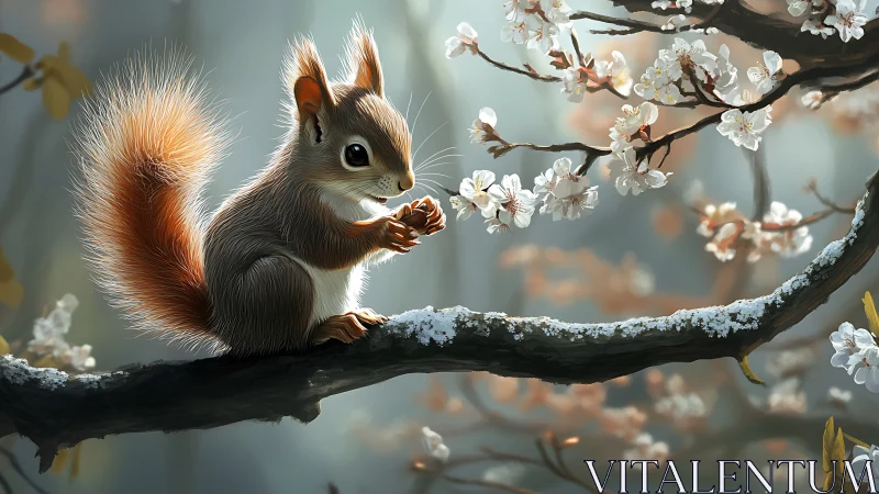 Red squirrel on snow-dusted branch inspecting spring blossoms