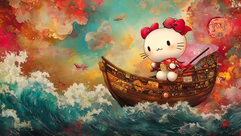 Stylized kawaii cat on ornate wooden boat over turbulent waves