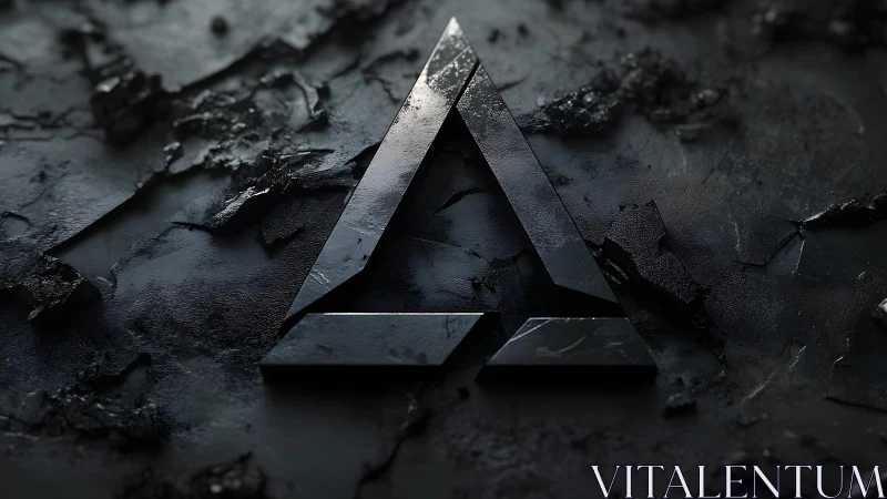 Dark metallic triangle emblem on cracked textured surface.