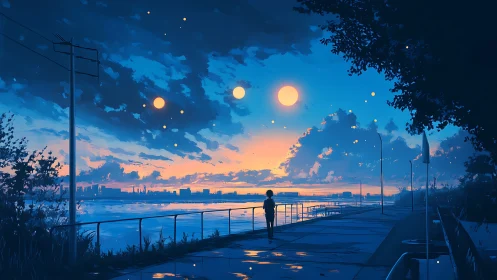 Three suns hover above a lonely riverside evening walk
