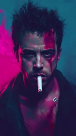 Moody neon portrait captures a bruised rebel in bold color