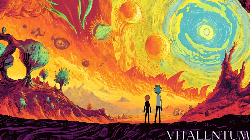 Two figures observe multi-sun alien landscape in vivid hues