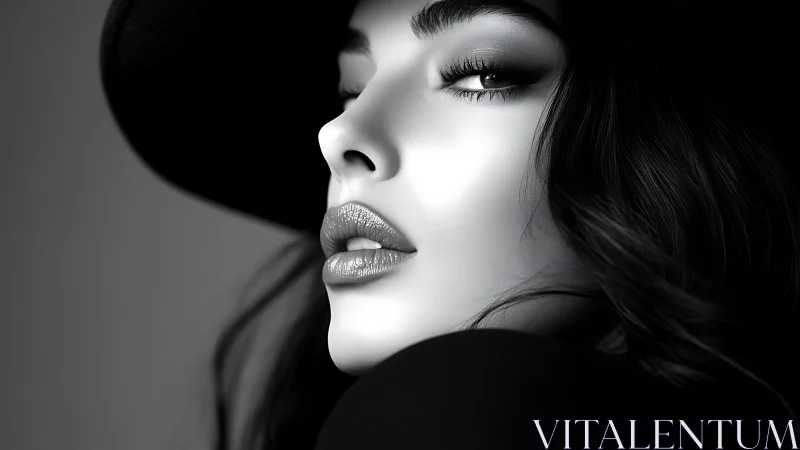 Monochrome close portrait of woman in wide brim hat.