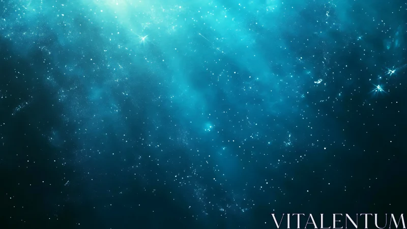 Turquoise cosmic nebula glows above dense starfield