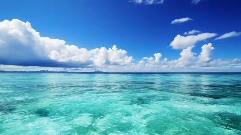 Turquoise tropical sea meets distant islands under clouds