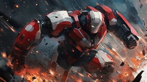 Armored red mech charging through explosive battlefield.