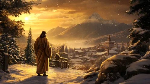Snowlit savior watches golden dawn over quiet mountain village.