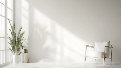Sunlit minimalist lounge corner with white armchair and plant.