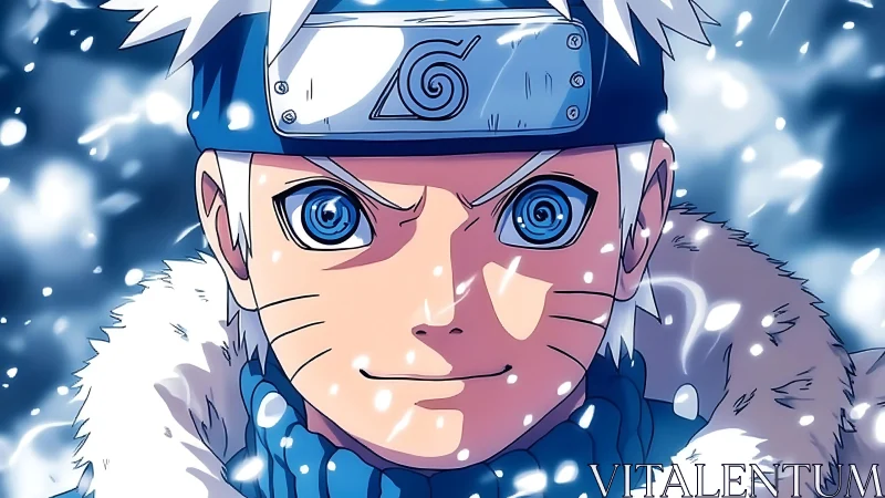 Snowlit ninja portrait with intense blue spiral gaze.