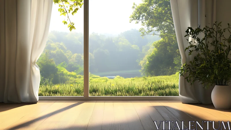 Interior daylight interface framing misted riverside meadow.